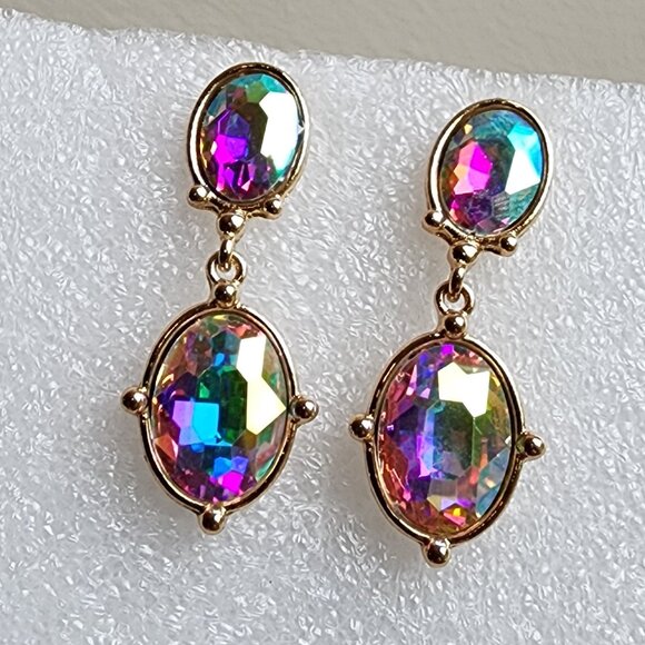 NWOT Etsy Iridescent Crystal Beaded Gold Tone Pierced Drop Dangle Earrings - Picture 1 of 15